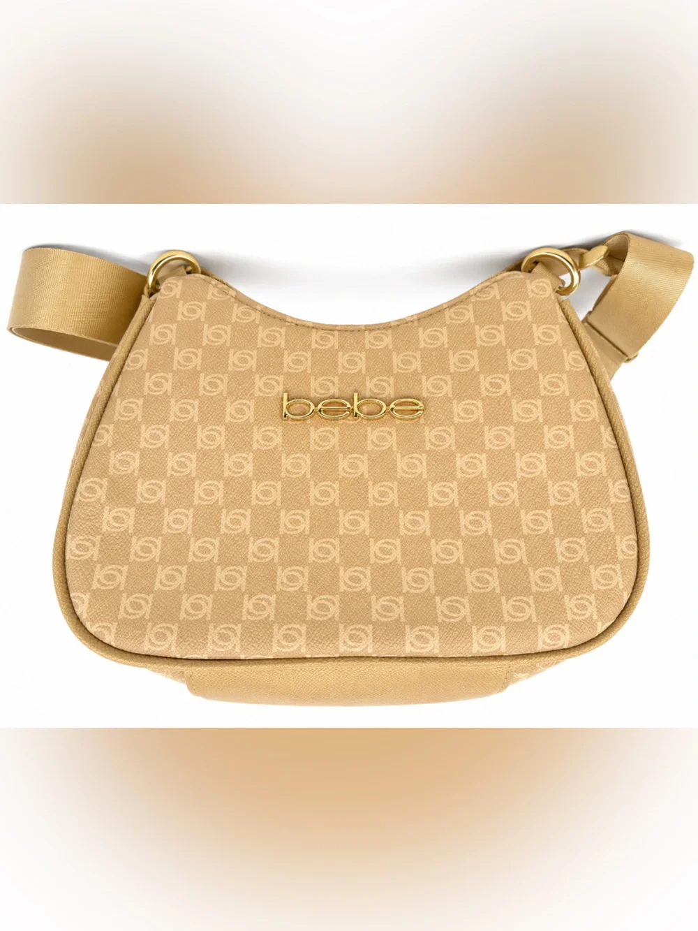 bebe Tan Logo-Print Mini Crossbody with Gold Hardware